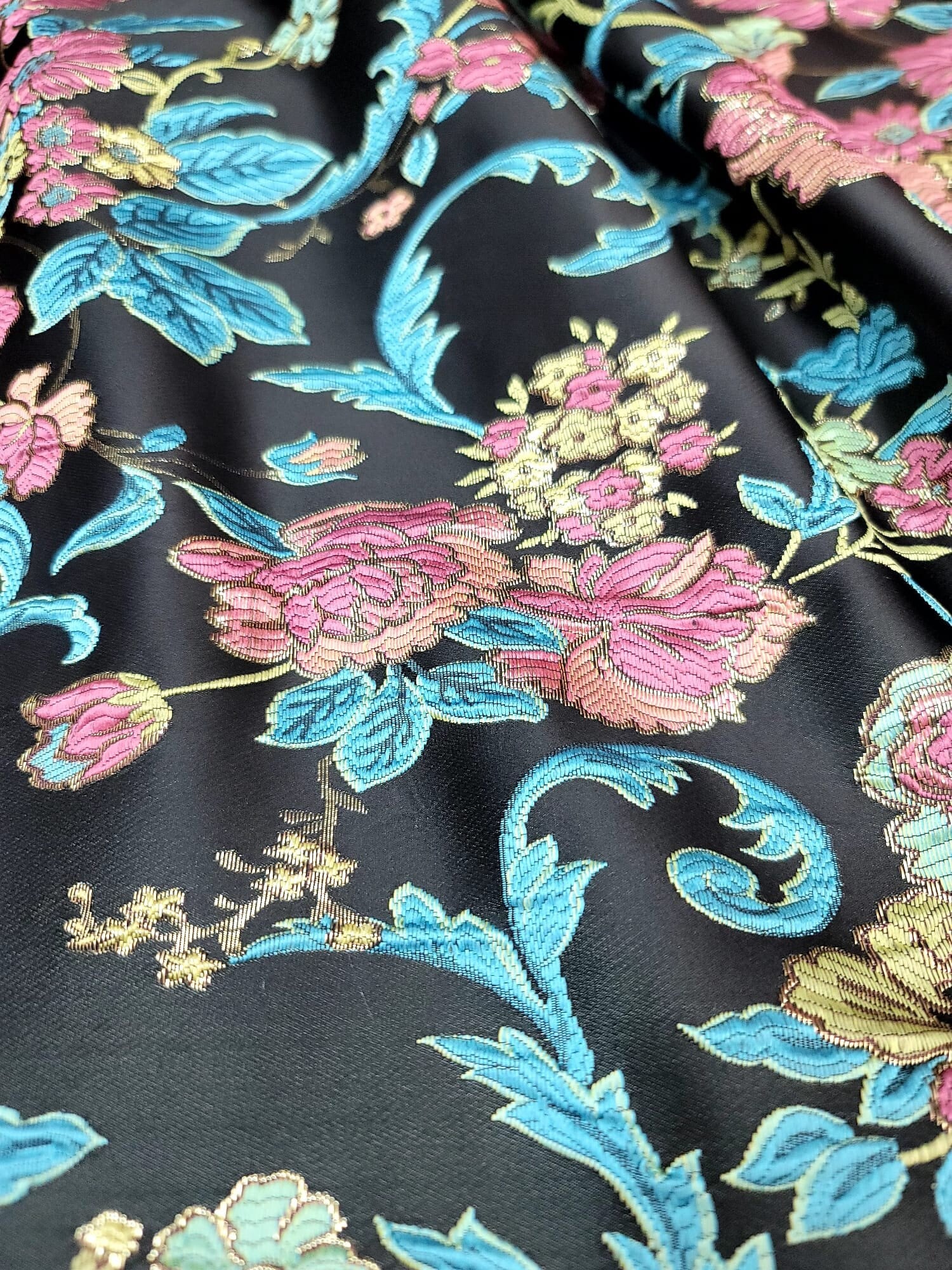 Brocade Multicolor Floral Fabric By The Yard Black Background Fabric For Dresses Upholstery Crafts Pink Green Blue Flowers