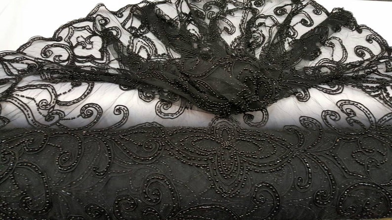 Black hand beaded lace pasley damask pearls on mesh 1 way stretch fabric sold by the yard gown Quincea\u00f1era bridal Evening dress decoration