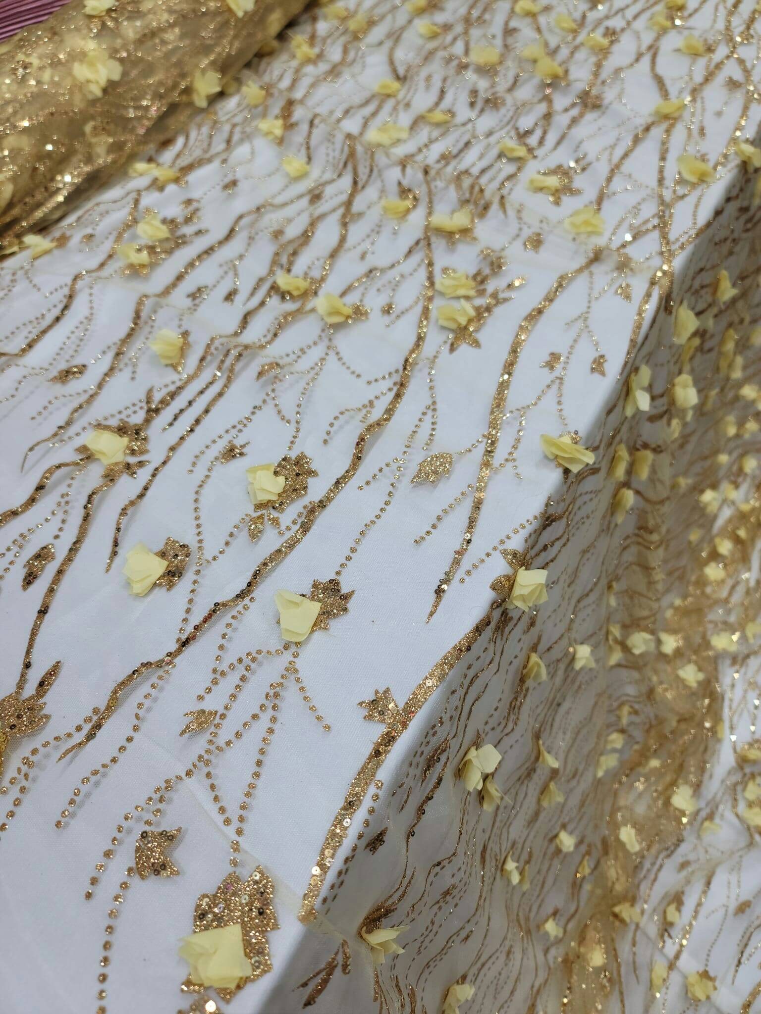 Gold Sequin Lace 3d Floral Flowers Embroidered Glitter Prom Fabric Sold ...