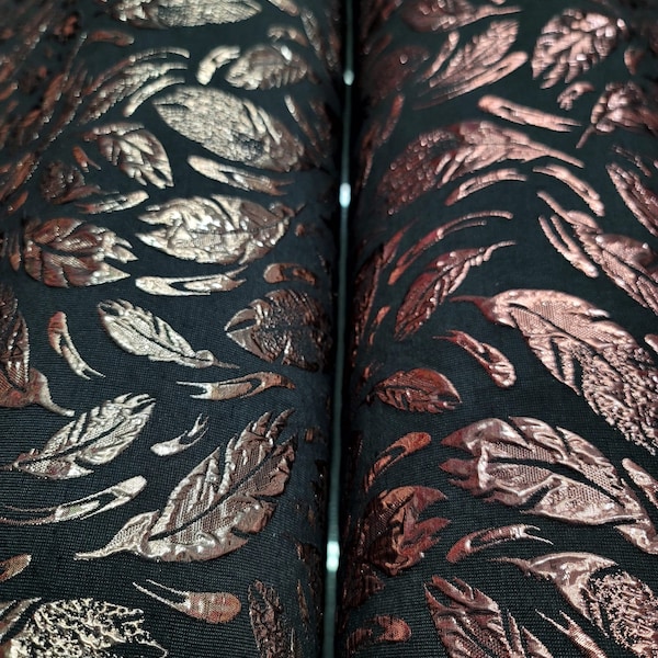 Brocade Fabric Sold By The Yard Feathers Gold Metallic Rose Gold On Black Background Fashion Fabric Embossed