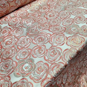 Brocade Fabric Sold By The Yard Coral Metallic Gold Floral Flowers Beige Background for Dress Upholstery Dress Crafts