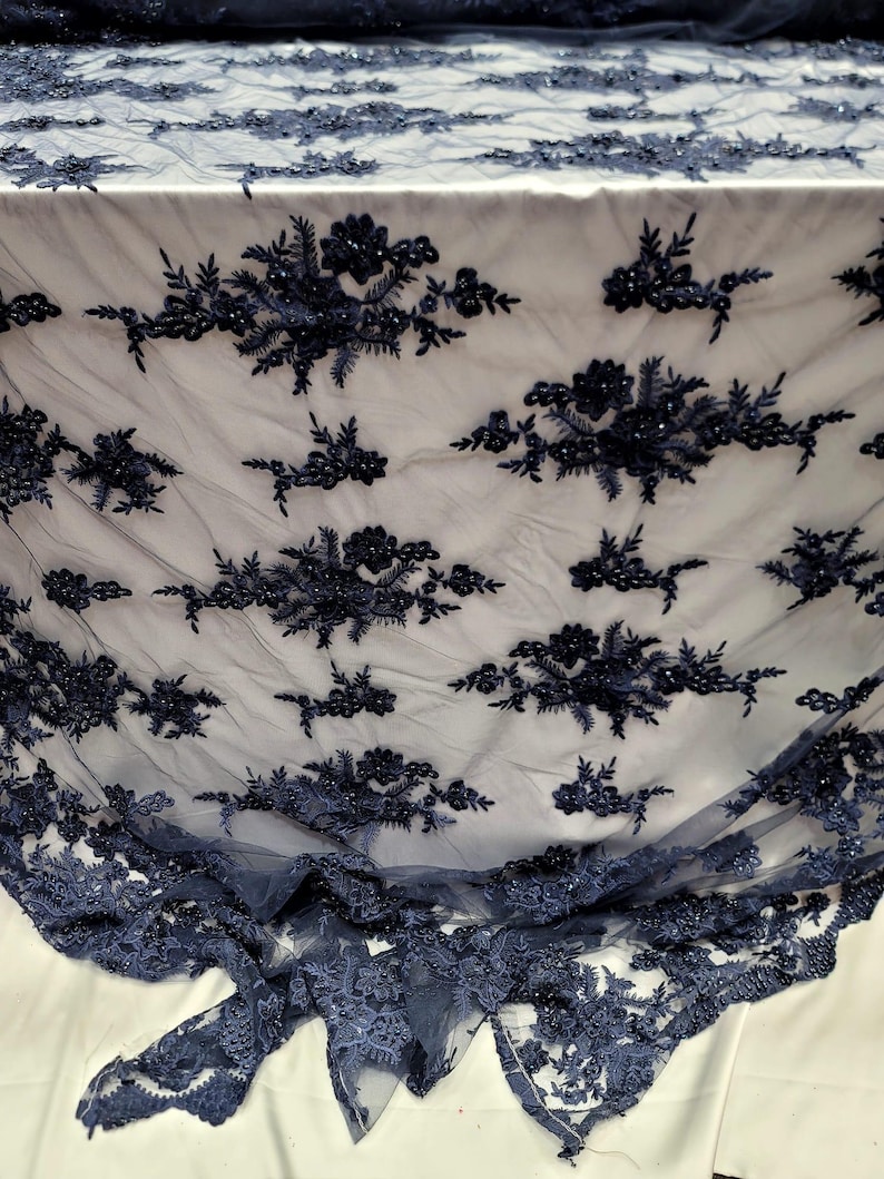 Navy Blue Embroidered 3d Lace 3d Floral Flowers Double Scalloped Prom ...