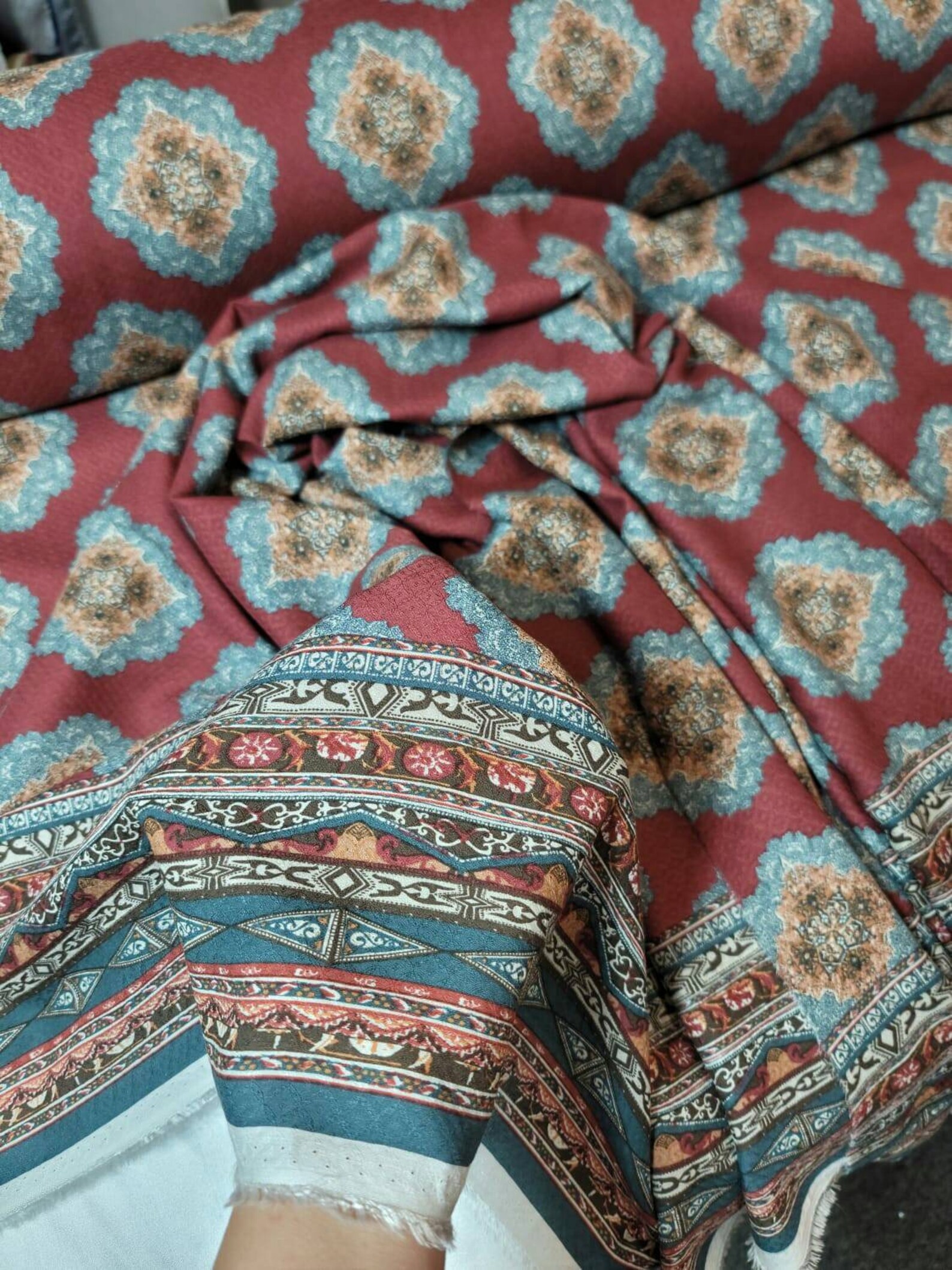 Rayon Challis Fabric by the Yard Blue Ikat Burgundy Background Etsy UK