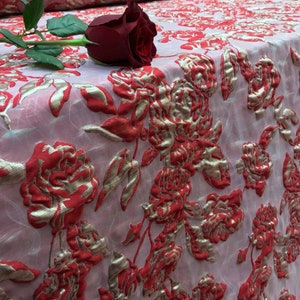 Brocade Floral Flowers Red and Metallic Gold Fabric by the Yard Shine Prom Evening Dress Gorgeous Decoration Dancer Clothing Jacquard Floral