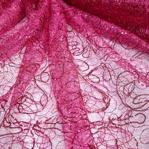 Hot Pink Spider Web Embroidered Lace Sequin Geometric Prom Fabric Sold by the Yard Quinceañera Drees Bridal Party Decoration Draping