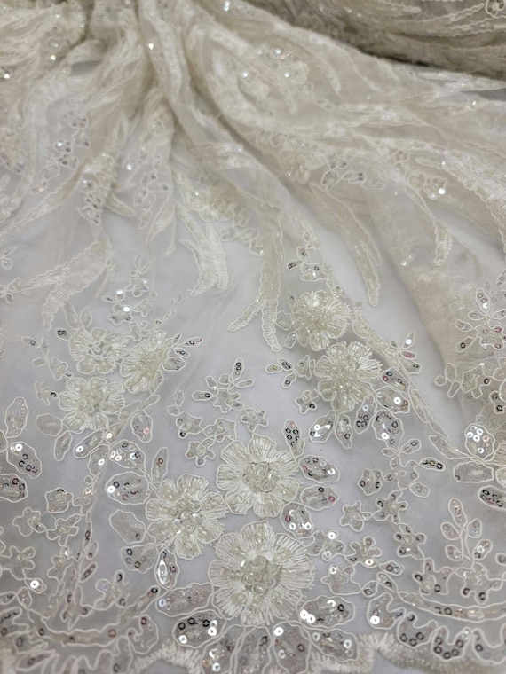 Ivory bridal Hand beaded lace floral flowers embroidered crystal beaded  fabric sold by the yard