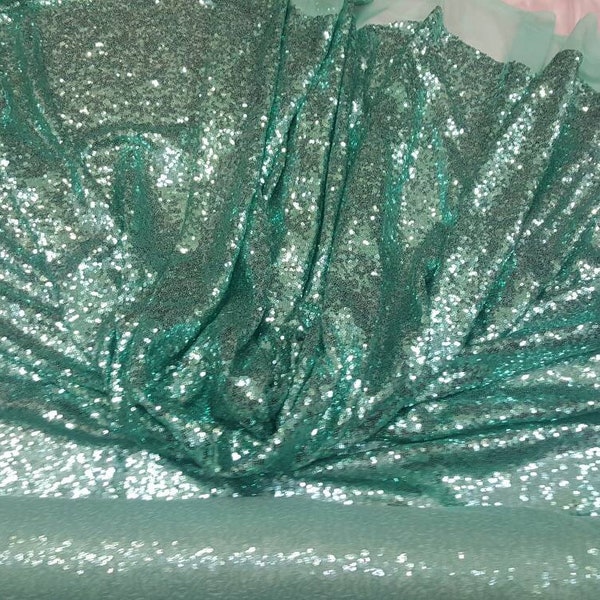 Aqua Sequin on 1 Way Stretch Mesh Mint Glitz Sequin Fabric Sold by the Yard Wedding Decoration Party Clothing Shining Draping Table Cloths