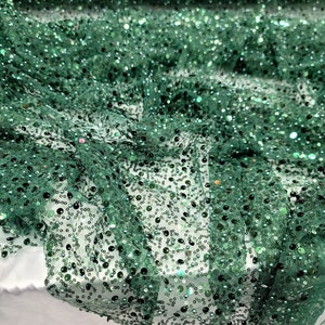 Emerald Green Beaded Lace Sequins Embroidery on Mesh fabric sold by the yard gown Quinceañera bridal Evening dress Prom Fashion Lace