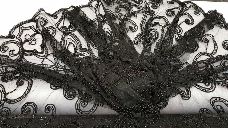 Black hand beaded lace pasley damask pearls on mesh 1 way stretch fabric sold by the yard gown Quincea\u00f1era bridal Evening dress decoration