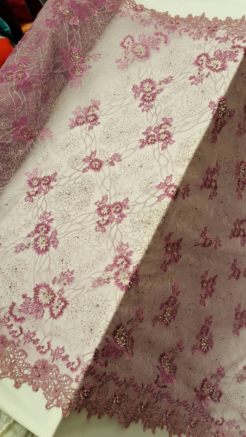 Lilac hand beaded lace floral flowers embroidered rinesthone pearls prom fabric sold by the yard double scalloped Gown Quincea\u00f1era bridal