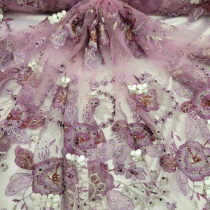 Lavender Floral Embroidered Lace Flowers Lilac Cord on Mesh Double Scalloped Fabric Sold by the Yard Gown Prom Drees