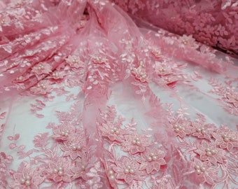 Pink Beaded Lace 3d Floral Flowers Embroidered on Mesh Sequin Pearls Prom Fabric Sold by the Yard Gown Bridal Quinceañera Dress