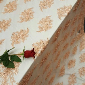 Peach hand beaded lace floral flowers embroidered double scalloped Prom fabric sold bulk stock gown Quinceañera bridal dress decoration