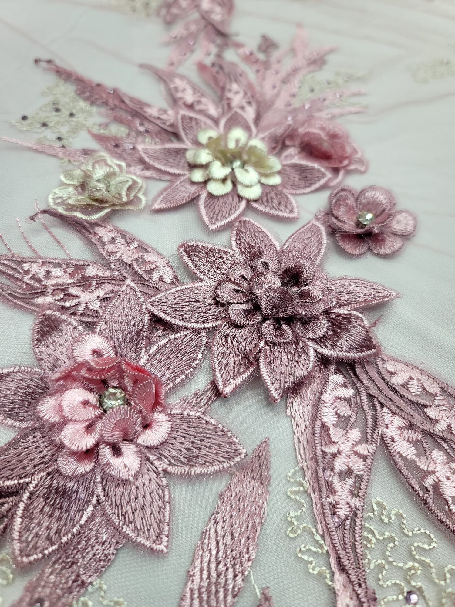 Dusty Rose Rhinestone Dusty Rose Beads Lace 3d Floral Flowers Ivory Embroidered on Mesh ...