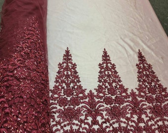 Burgundy Beaded Lace Embroidery Floral Flowers Sequin Mesh Fabric Sold by the Yard Gown Quinceañera Bridal Evening Dress  Draping Clothing