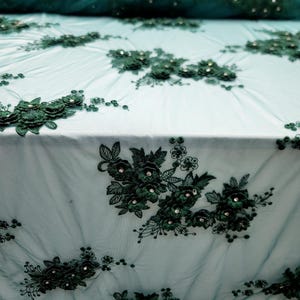 Emerald Green Hand Beaded 3d Lace Embroidery 3d Floral fabric sold by the yard gown Quinceañera Bridal Dress Prom Fashion Lace Rhinestones