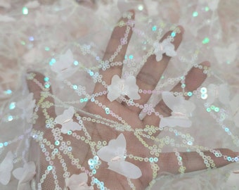 Light Pink Lace Embroidery 3d Butterflies Iridescent Sequin On Mesh Prom Fabric Sold By The Yard Quinceañera Bridal Evening Dress