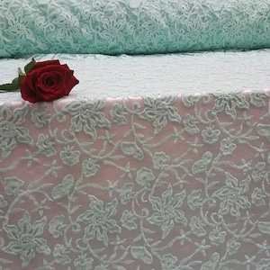 Mint Lace Embroidery Floral Flowers Double Scalloped Guipure on Mesh Prom Fabric Sold By The Yard Dress Bridal Evening Gown Soft Lace
