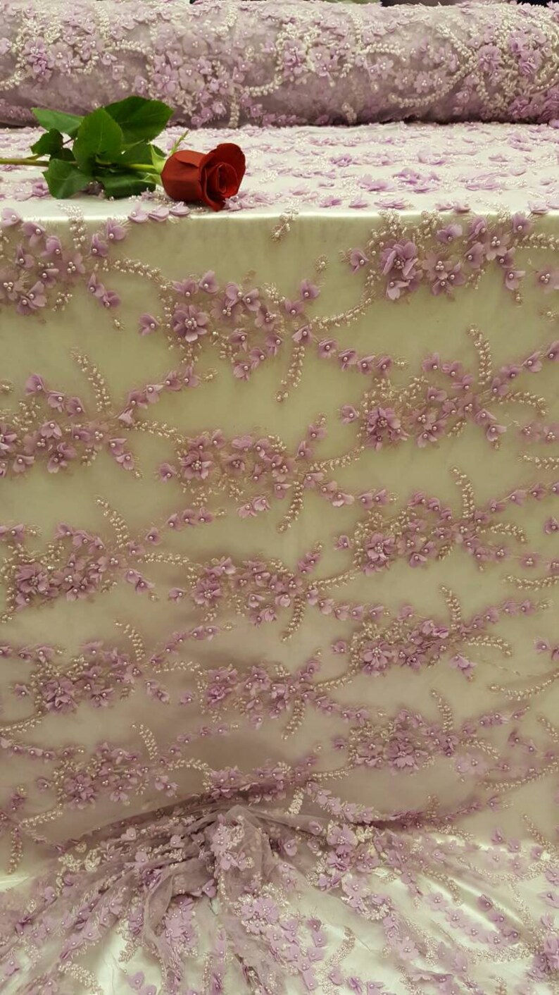 Lavander Hand beaded lace 3d floral flowers Prom fabric sold by the yard double scalloped Gown Quincea\u00f1era bridal Evening dress