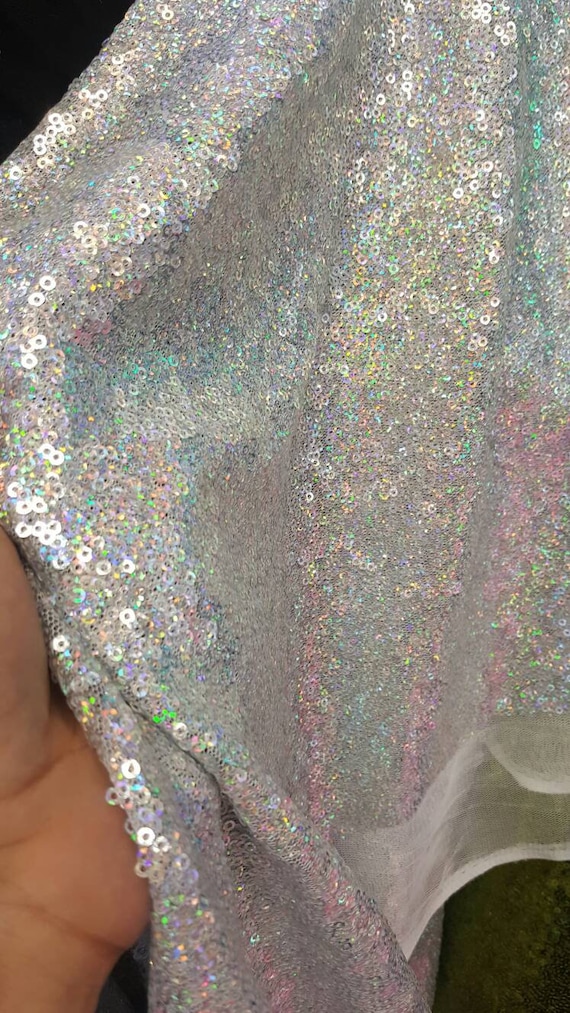 Iridescent Silver Sequin Fabric, Hologram Rainbow, 60" Wide, Sold by the Yard
