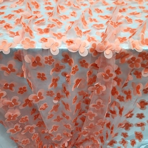 Coral 3d Lace 3d Floral Butterflies Quinceañera Bridal Evening Dress Fabric Sold By The Yard Prom Fabric