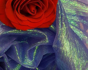 Royal Blue Iridescent Sheer Crinkle Organza Fabric Sold by the Yard Decoration Clothing Draping Dress Party Dancer Clothing Rainbow Multicol