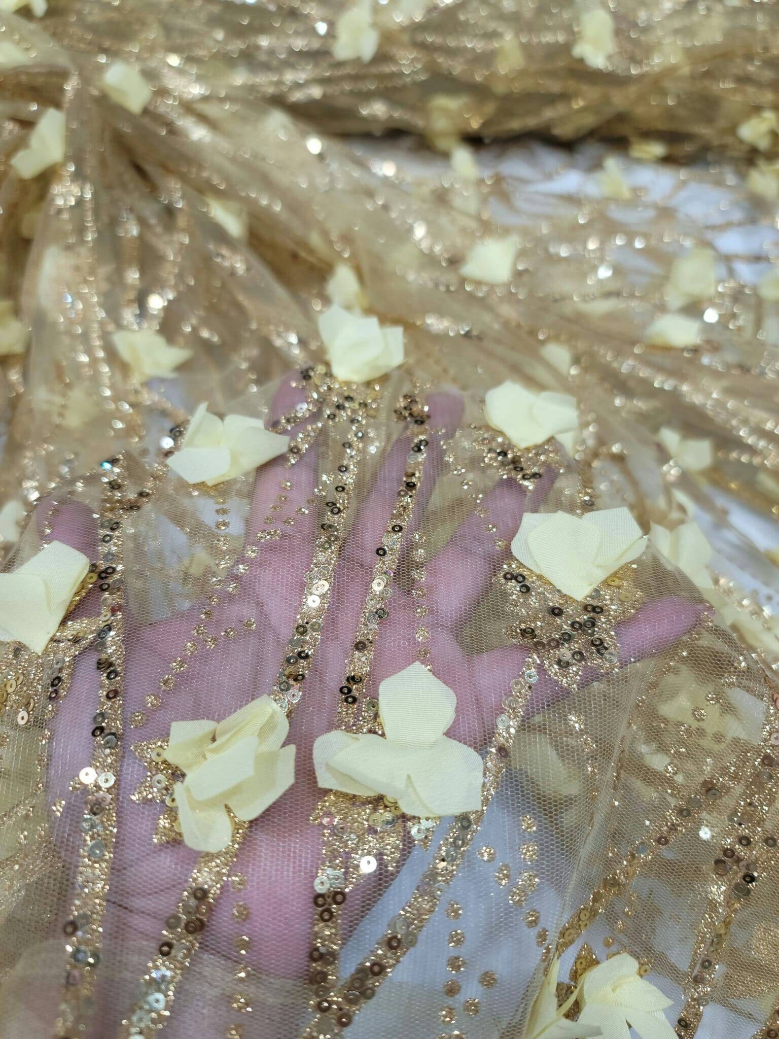 Gold Sequin Lace 3d Floral Flowers Embroidered Glitter Prom Fabric Sold ...