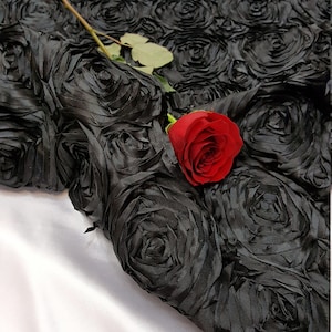 Black Satin Rosette Fabric by the Yard runners table cloths dress gown fabric to make mono mono roses satin floral flowers satin black