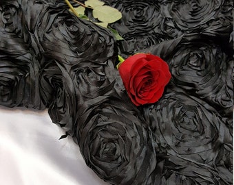 Black Satin Rosette Fabric by the Yard runners table cloths dress gown fabric to make mono mono roses satin floral flowers satin black