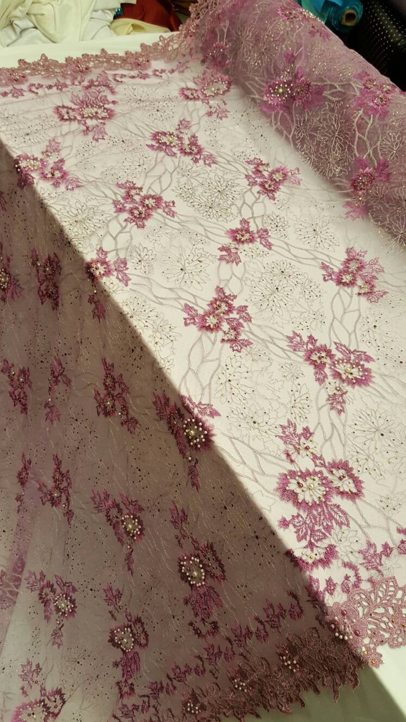 Lilac hand beaded lace floral flowers embroidered rinesthone pearls prom fabric sold by the yard double scalloped Gown Quincea\u00f1era bridal