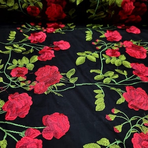 Red green Embroidery Floral Flowers Bridal Evening Dress Quinceañera Gown Prom Black Mesh Fabric sold By The Yard