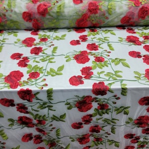 White Lace Red Embroidered Floral Flowers Green Leaves Gown Bridal Evening Dress Prom Quinceañera Gown Fabric By The Yard