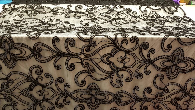 Black hand beaded lace pasley damask pearls on mesh 1 way stretch fabric sold by the yard gown Quincea\u00f1era bridal Evening dress decoration