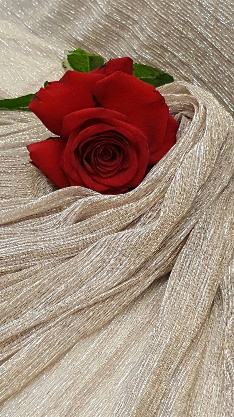 Stretch Pleaded Gold and Silver Chiffon Prom Fabric Sold by the Yard Gown Quincea\u00f1era Bridal Evening Dress Gorgeous Decoration Draping