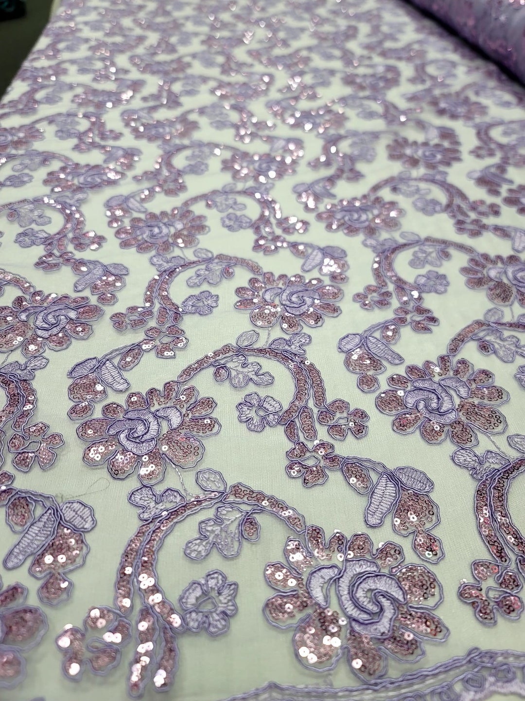 Cobalt Blue, Sky Blue & Lavender Lilac Scalloped Floral Swirl Sequin Lace Fabric
