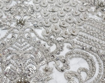 Silver Beaded Lace Fabric, Floral Embroidery, Bridal Gown Material
