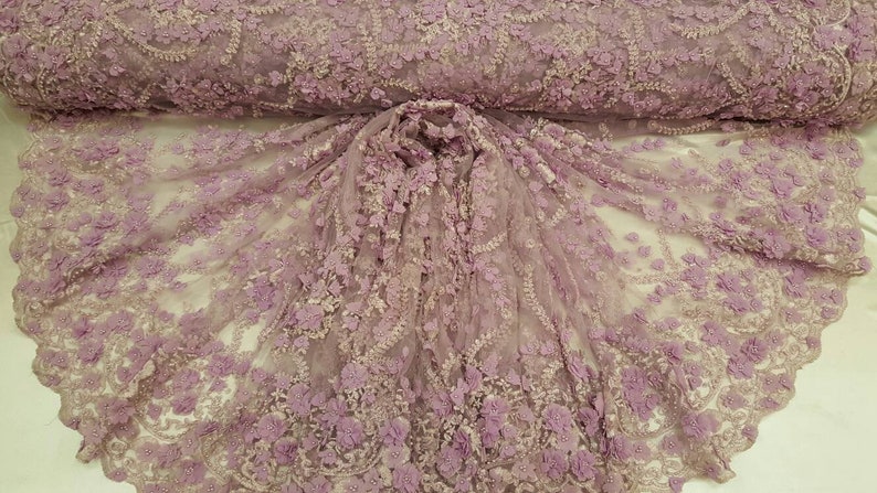 Lavander Hand beaded lace 3d floral flowers Prom fabric sold by the yard double scalloped Gown Quincea\u00f1era bridal Evening dress