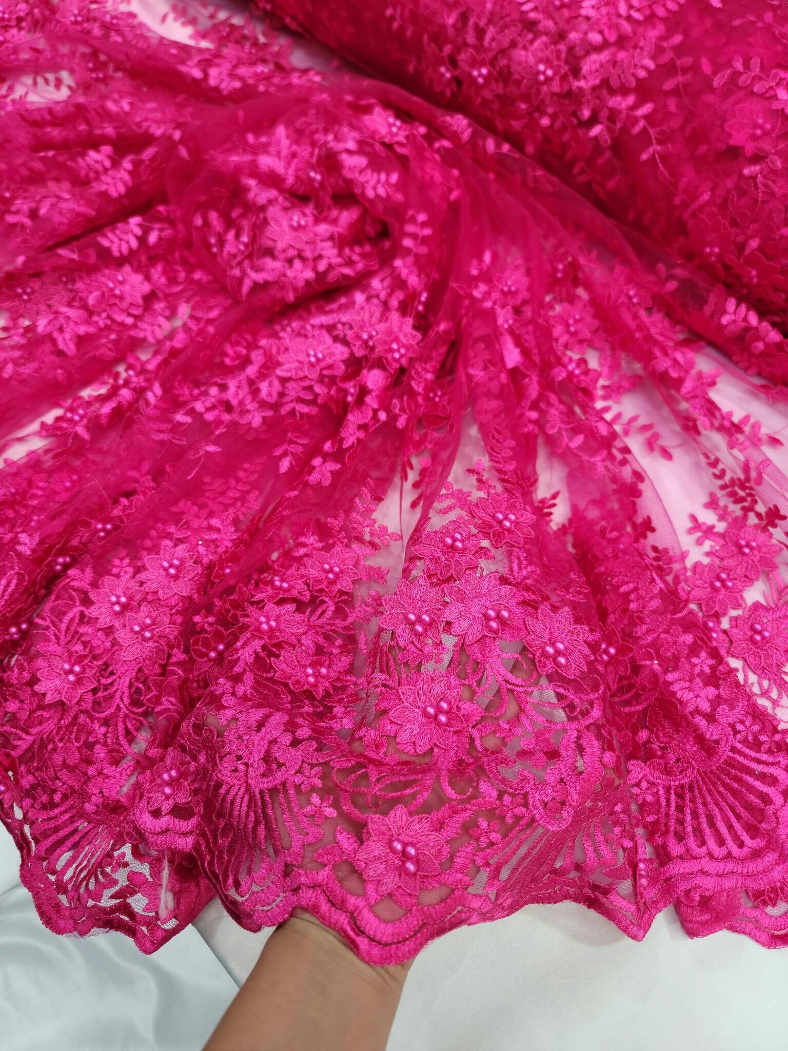 Fuchsia Beaded 3D Floral Lace Fabric, Bridal Gown Material - Etsy