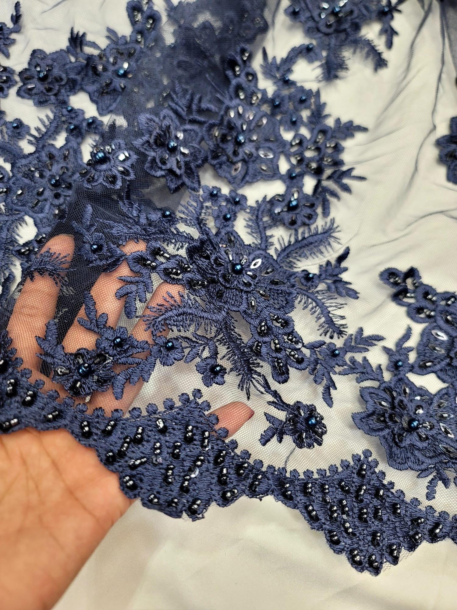 Navy Blue Embroidered 3d Lace 3d Floral Flowers Double Scalloped Prom ...