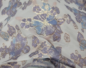 Lavender Blue Brocade Floral Flowers On White Organza Fabric By The Yard