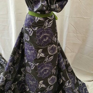Navy Blue Silver Floral Flowers Brocade on Black French Luxurious Organza Jacquard Fabric Sold by the Yard Gonw Prom Quinceañera Drees