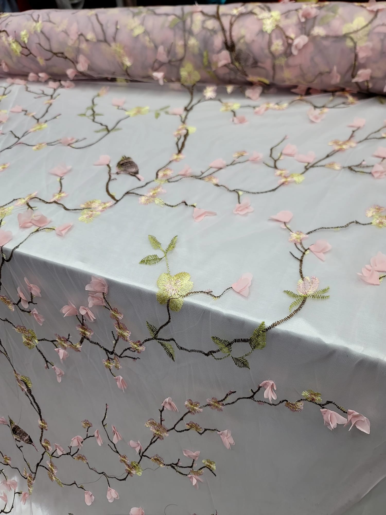 Pink Blush Lace 3D floral flowers Embroidery Birds On Mesh Cherry Blooms Fabric Sold By The Yard Gown Gorgeous Prom Quinceañera Bridal Dress