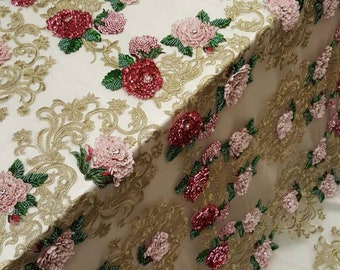 Multicolor Hand beaded lace pink and red 3d floral flowers gold embroidered rinesthone on mesh Prom fabric sold by the yard gown Quinceañera