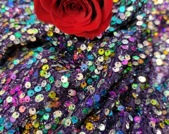 Purple Stretch Fabric Multicolor Embroidery Iridescent Sequin Hologram Fabric By The Yard For Dress Prom Bridal Clothing Fashion Decoration