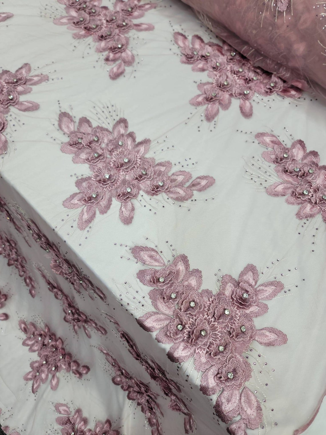 Dusty Rose Rhinestone Dusty Rose 3d Floral Beaded Lace Rhinestones on Mesh Fabric Sold by the ...
