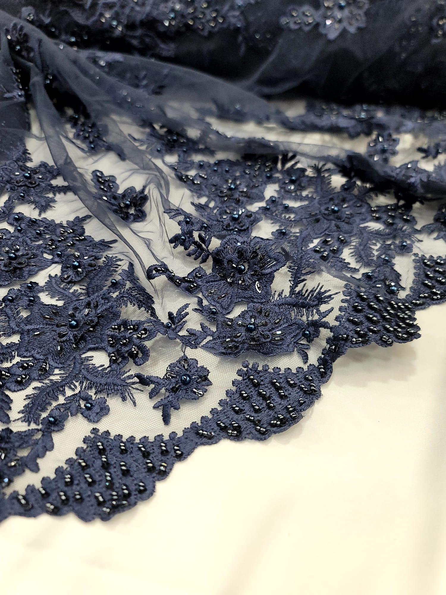 Navy Blue Embroidered 3d Lace 3d Floral Flowers Double Scalloped Prom ...