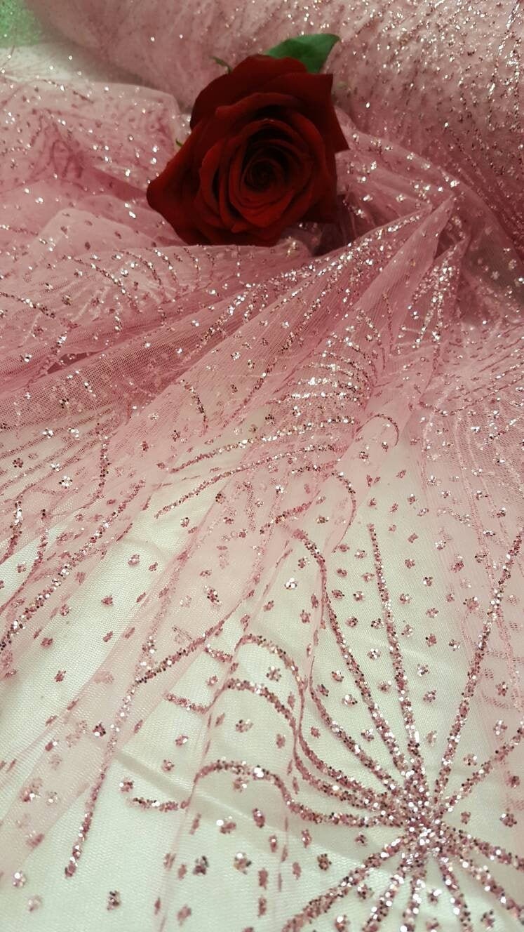 Romantic Rose Pink Glitter Glued Metallic Tulle Mesh