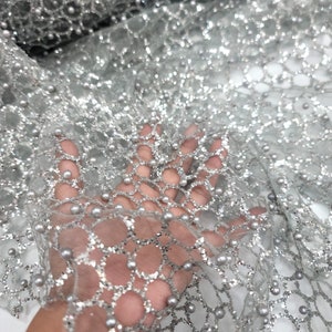 Lace Silver Sparkly Glued Glitter and Pearls on Mesh Bling Bling Prom ...