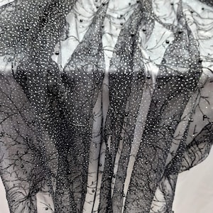 Black Mesh Embroidery Pearls Lace Fabric Sold by The Yard Quinceañera Bridal Evening Dress Black Mesh Sparkly Silver Glitter Dress