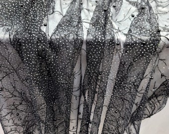 Black Mesh Embroidery Pearls Lace Fabric Sold by The Yard Quinceañera Bridal Evening Dress Black Mesh Sparkly Silver Glitter Dress